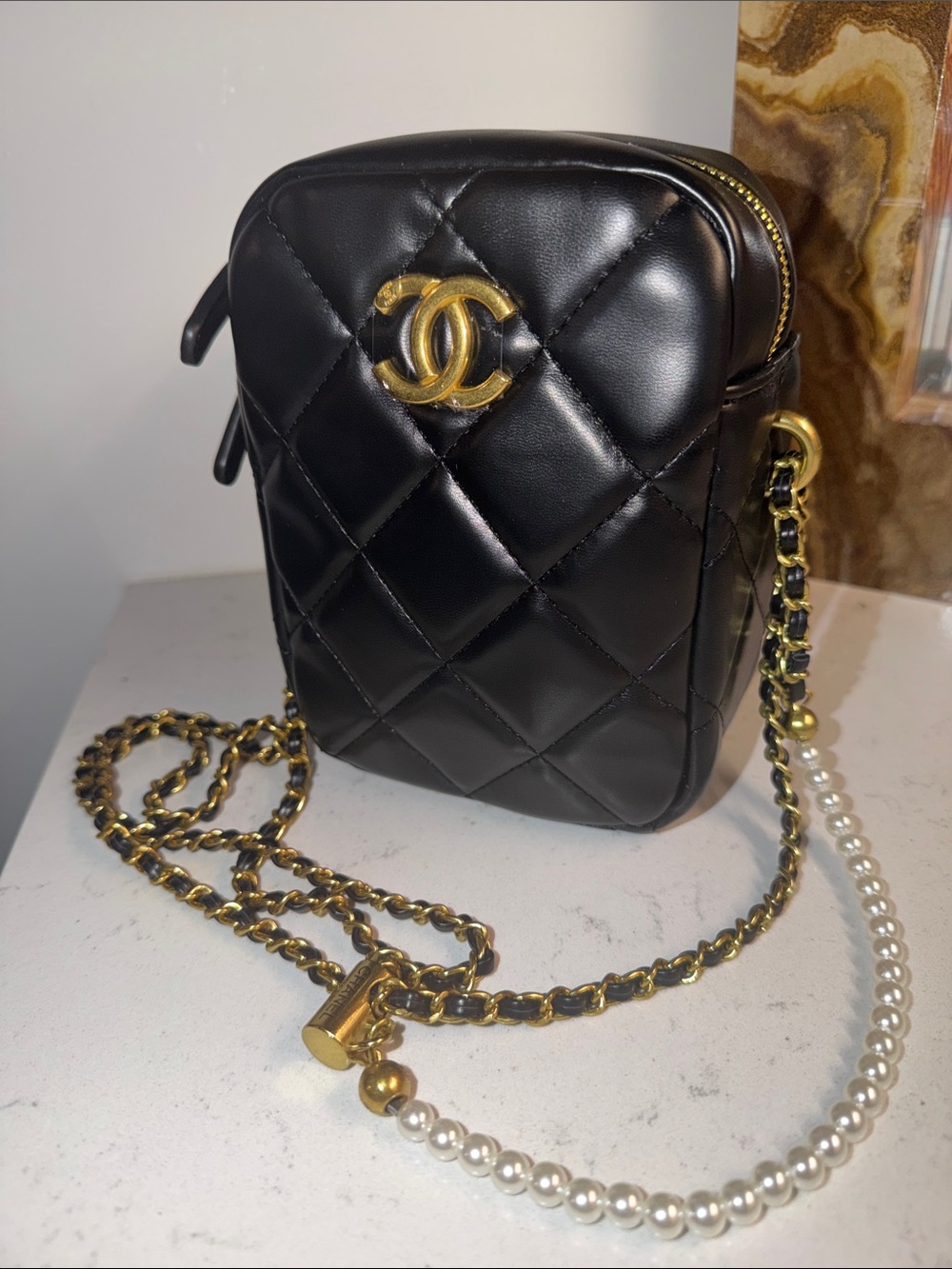GWP-Chanel Black Quilted Crossbody  Bag with Gold Hardware and Pearl Accent